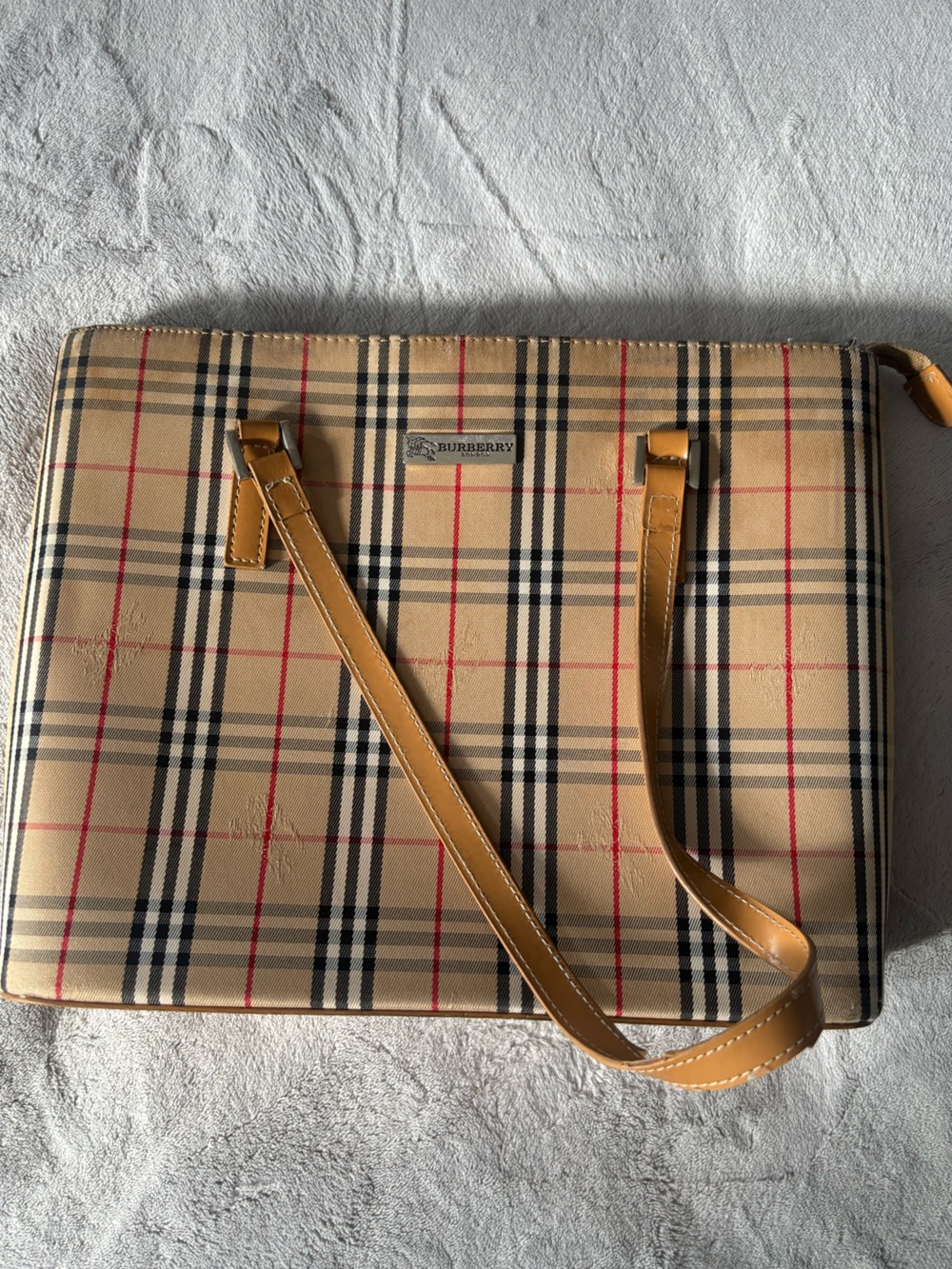 Vintage Original Burberry Tan Check Canvas Shoulder Bag with Leather Straps
